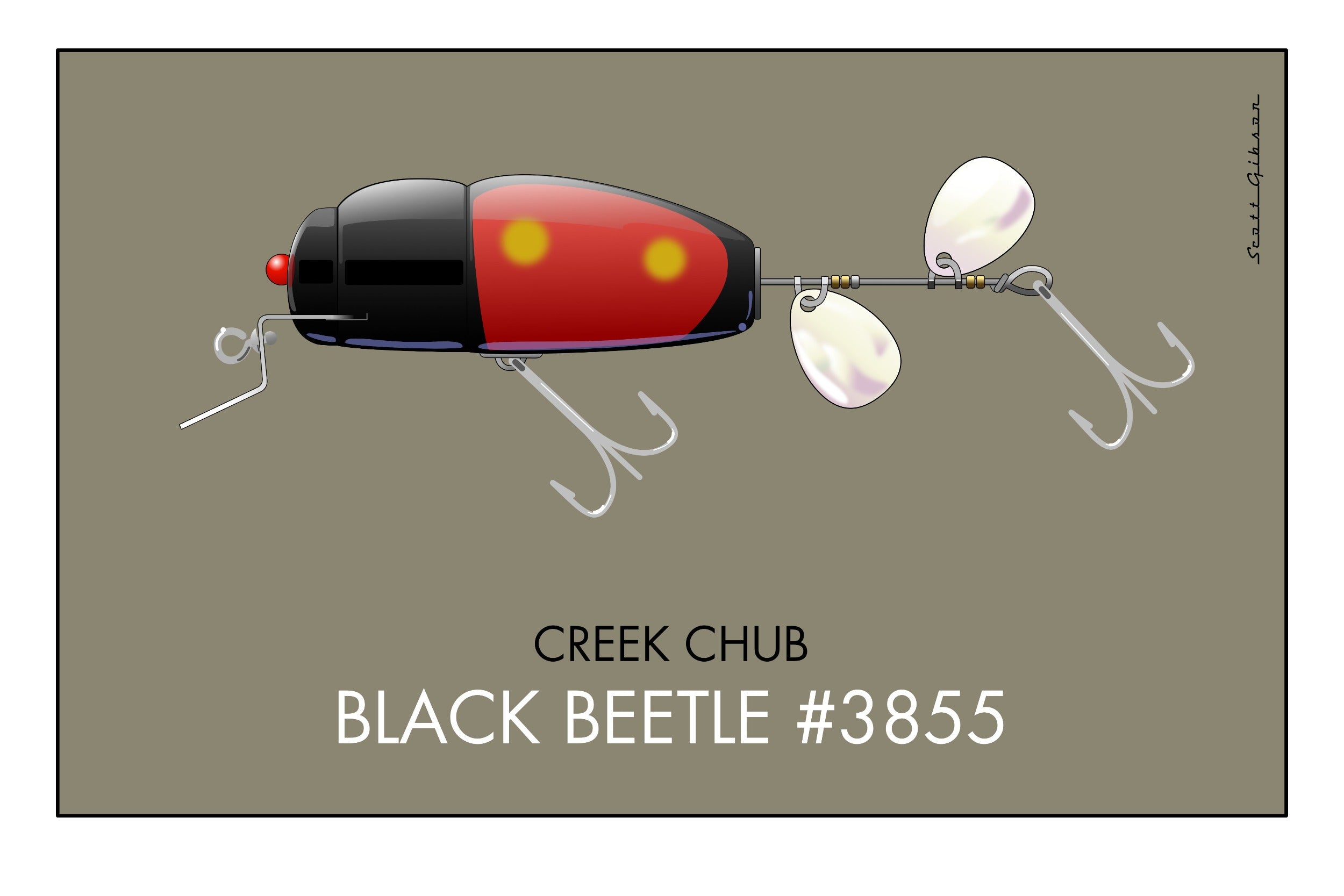 Creek Chub Black Beetle Lure, Fishing Lure Art